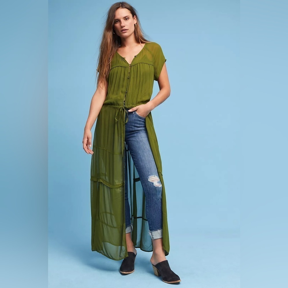 NWT Anthropologie Maeve XS Olive Green Midori Duster Cover Up Buttoned Layering